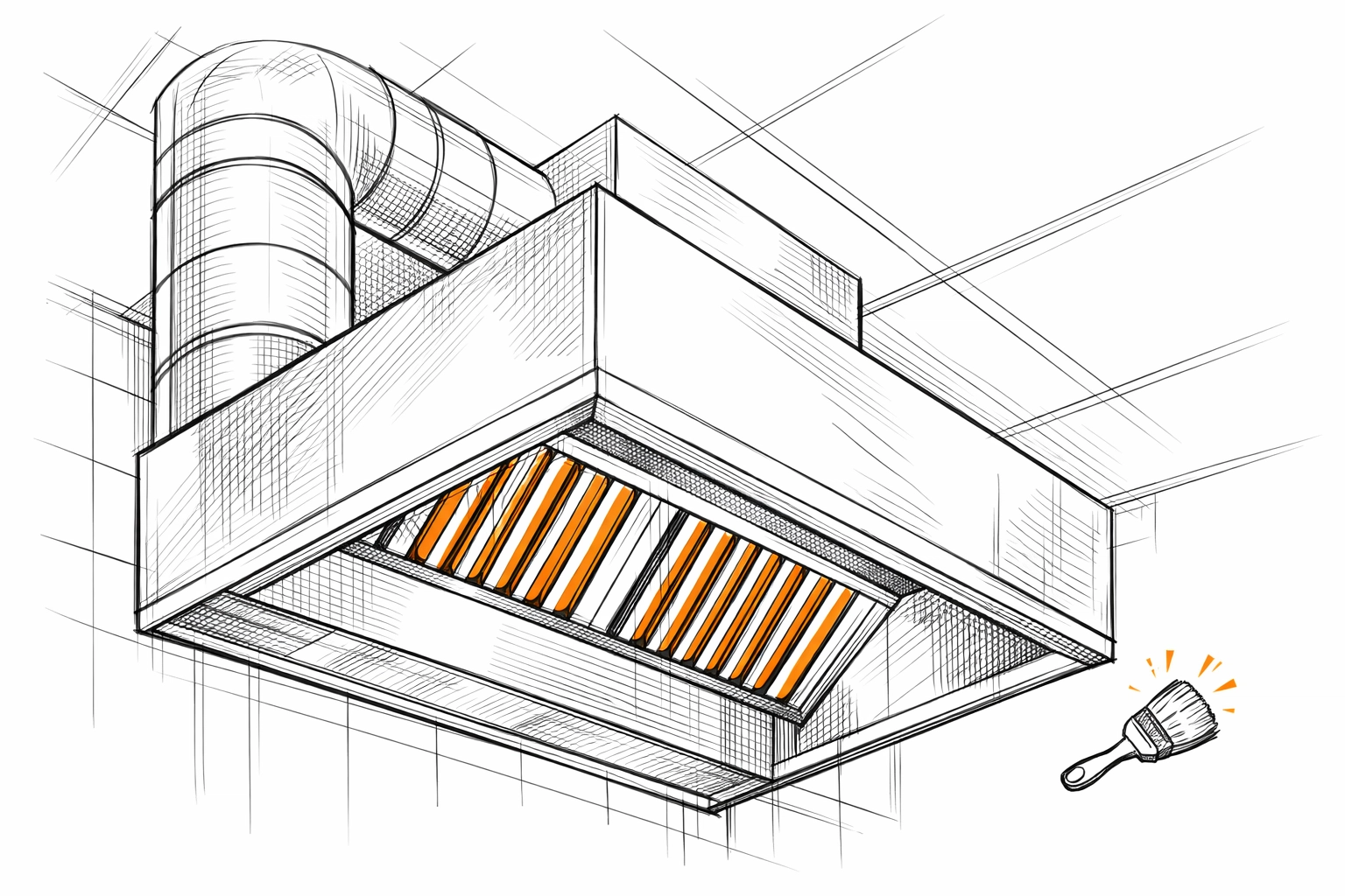 Sketch of a kitchen extraction canopy highlighting duct cleaning warranties in takeaway insurance.