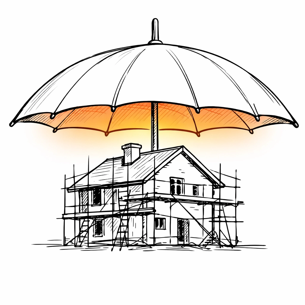Protective umbrella over a renovation project representing contractor liability insurance safety.