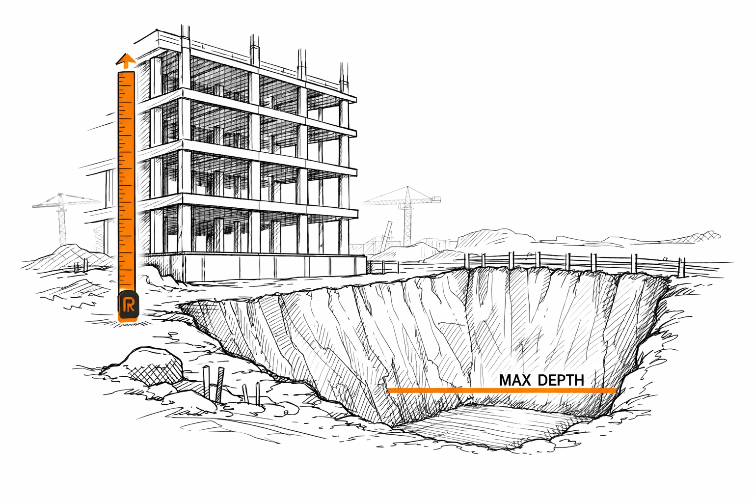 Sketch of building height and excavation depth limits in a construction contractor insurance policy.