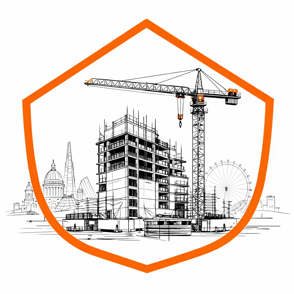 Construction site sketch with a protective shield symbol representing comprehensive contractor insurance coverage.