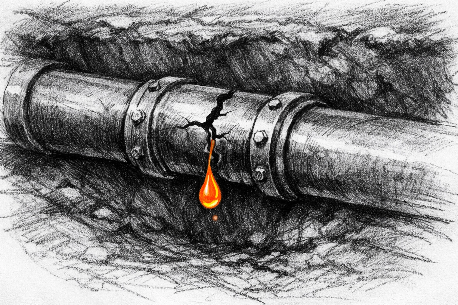 Leaking pipe sketch highlighting environmental risks and General Contractor Liability Insurance gaps.