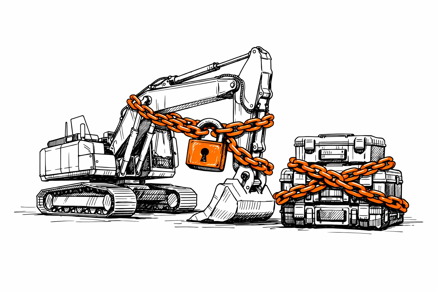 Secured excavator and tools illustrating Inland Marine coverage for Construction Contractor Insurance.