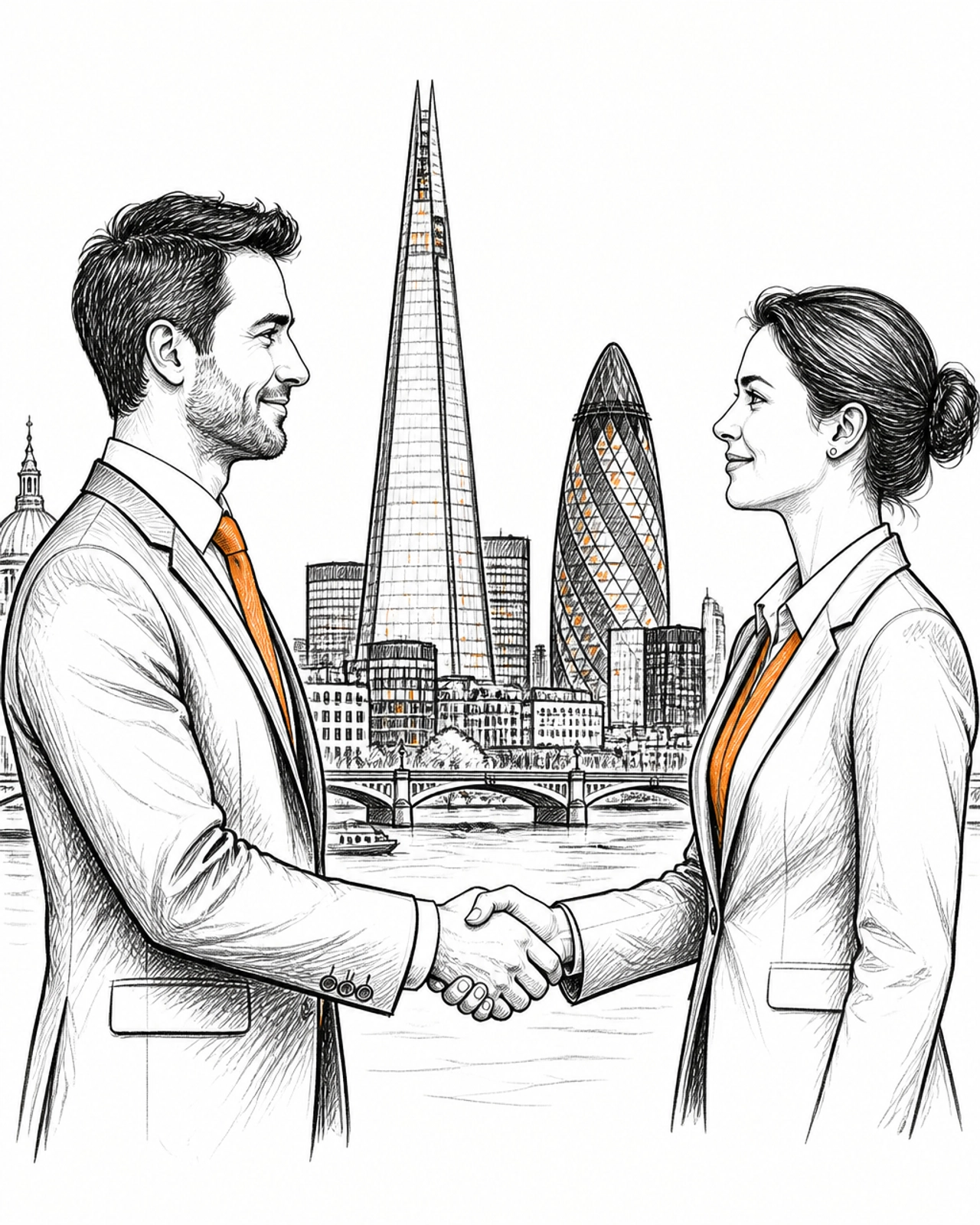 A handshake between two professionals with the London skyline