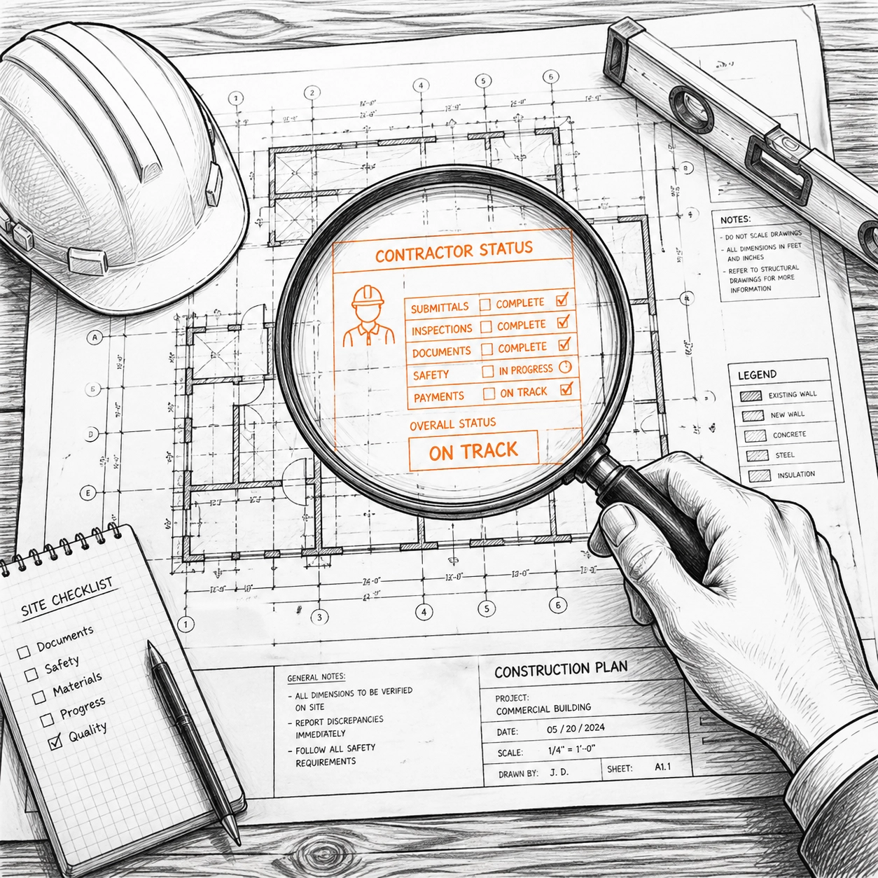 Magnifying glass inspecting construction contractor status on blueprints for IR35 tax compliance.