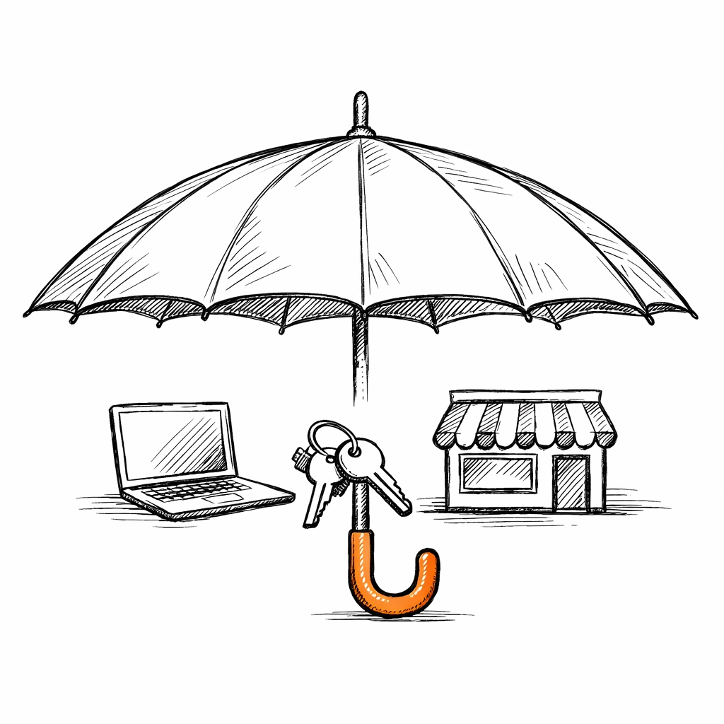Sketch of an umbrella sheltering business icons, representing all-in-one combined commercial insurance coverage.