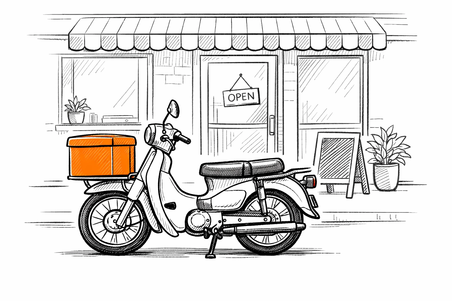 Sketch of a delivery moped outside an Essex takeaway shop, highlighting in-house delivery insurance needs.
