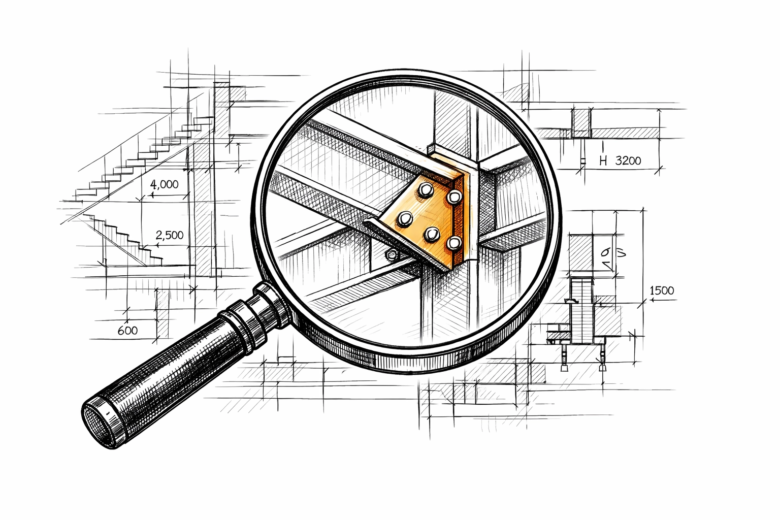 Magnifying glass over blueprints highlighting compliance details for construction contractor insurance.