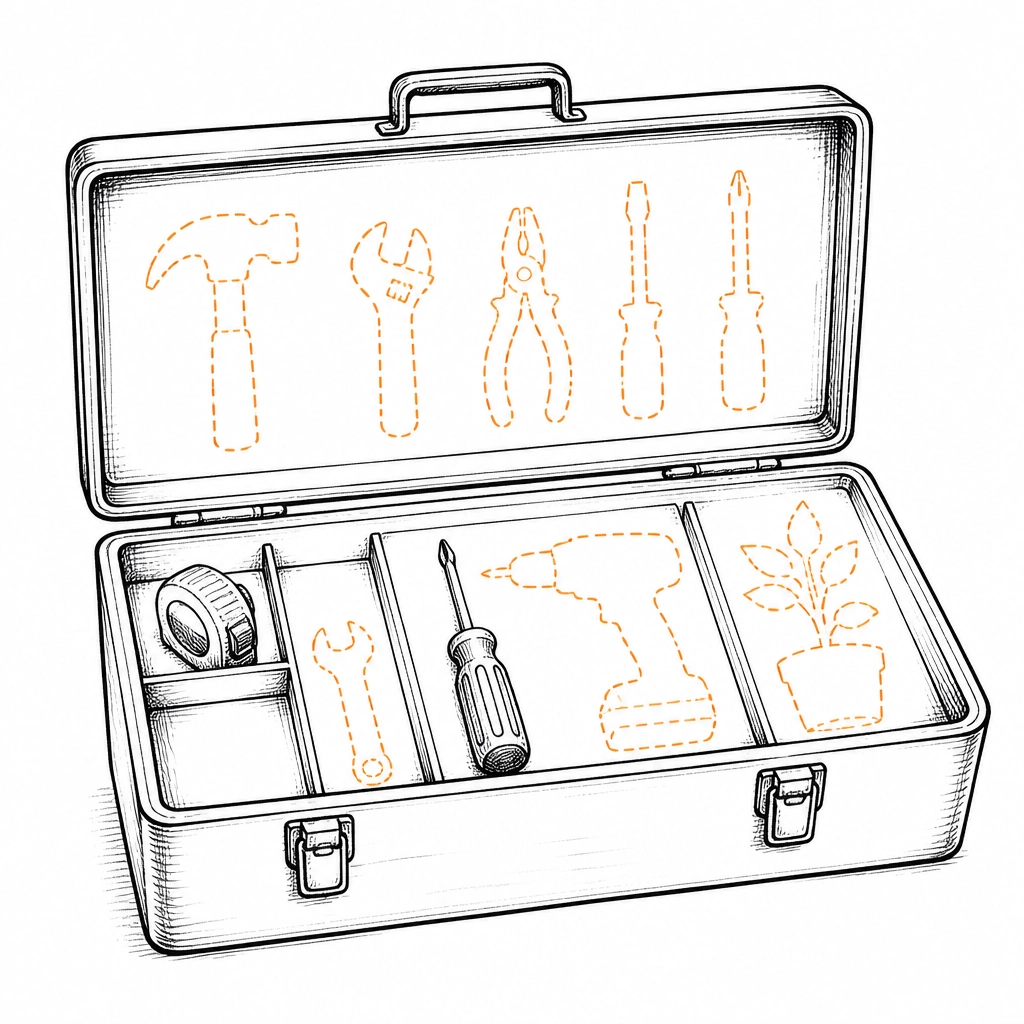 An open toolbox with missing tools highlighted in orange