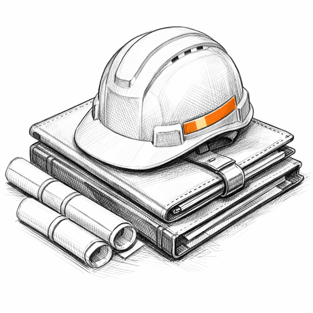 Hard hat on professional portfolios symbolizing competence for construction contractor insurance risk.