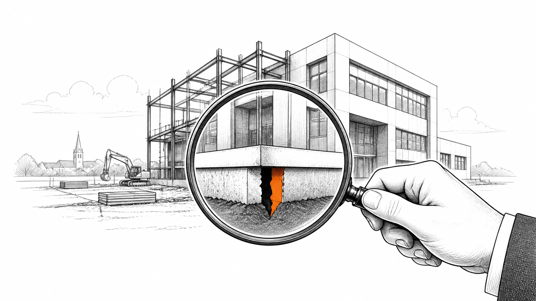 A construction building with a magnifying glass highlighting an orange gap, representing underinsurance