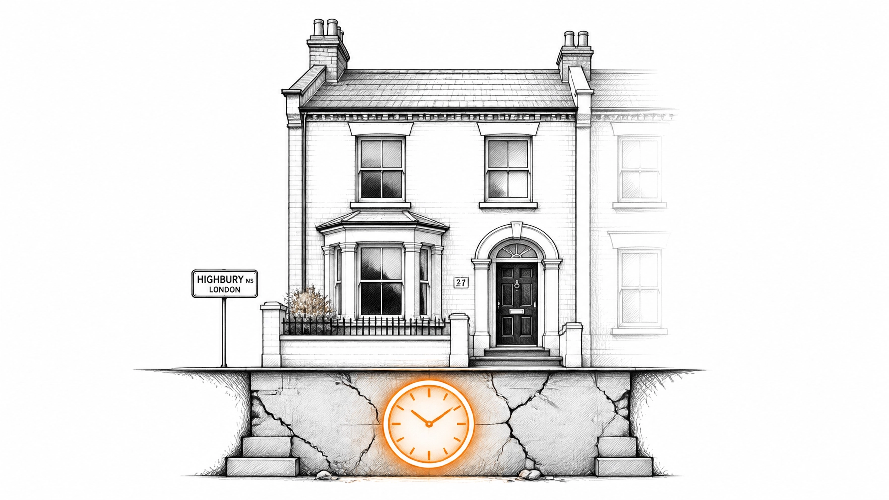A London terraced house with foundation cracks and a ticking clock icon