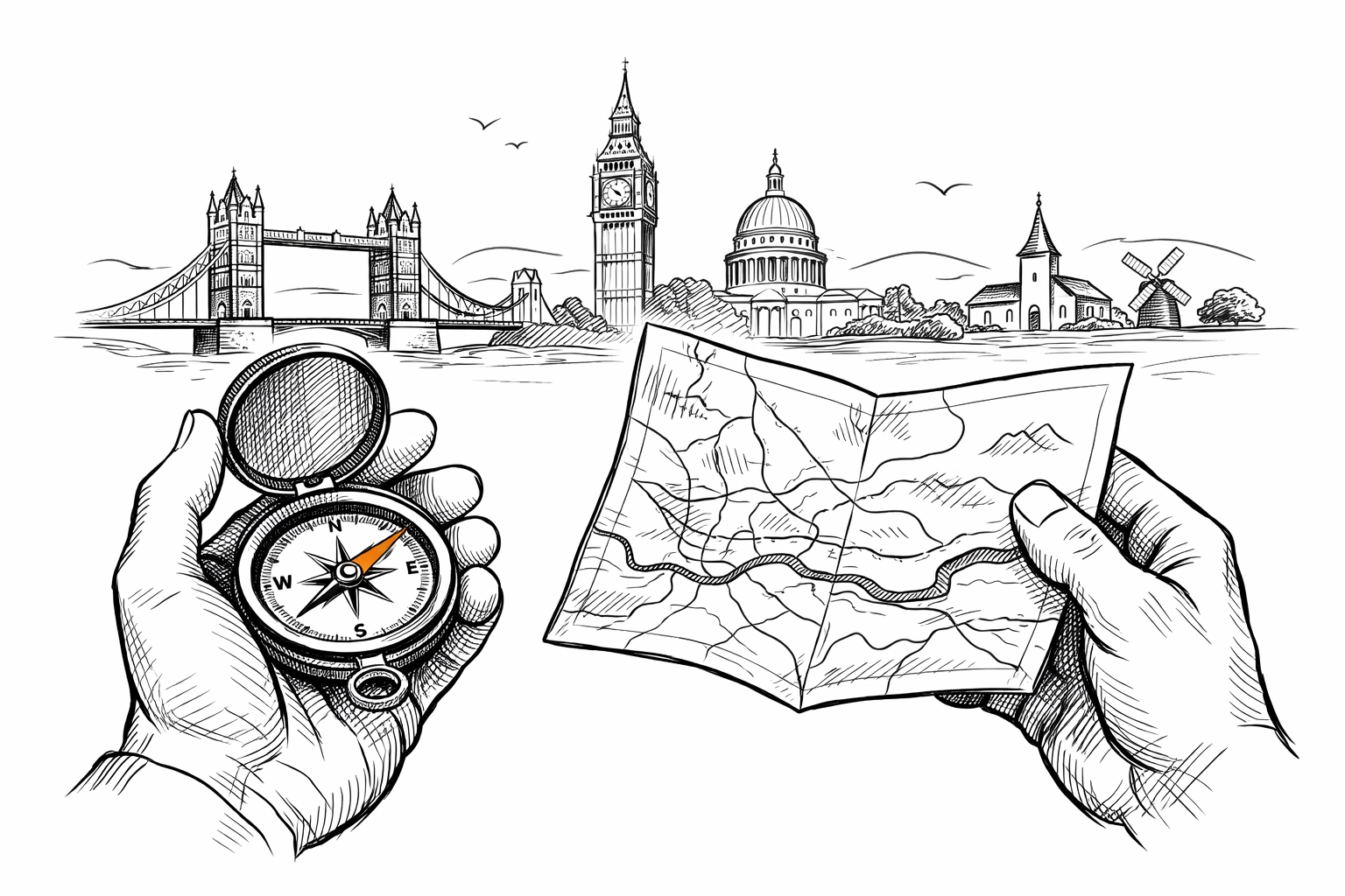 Compass and map over London and Essex skylines, symbolizing expert guidance for combined commercial insurance.