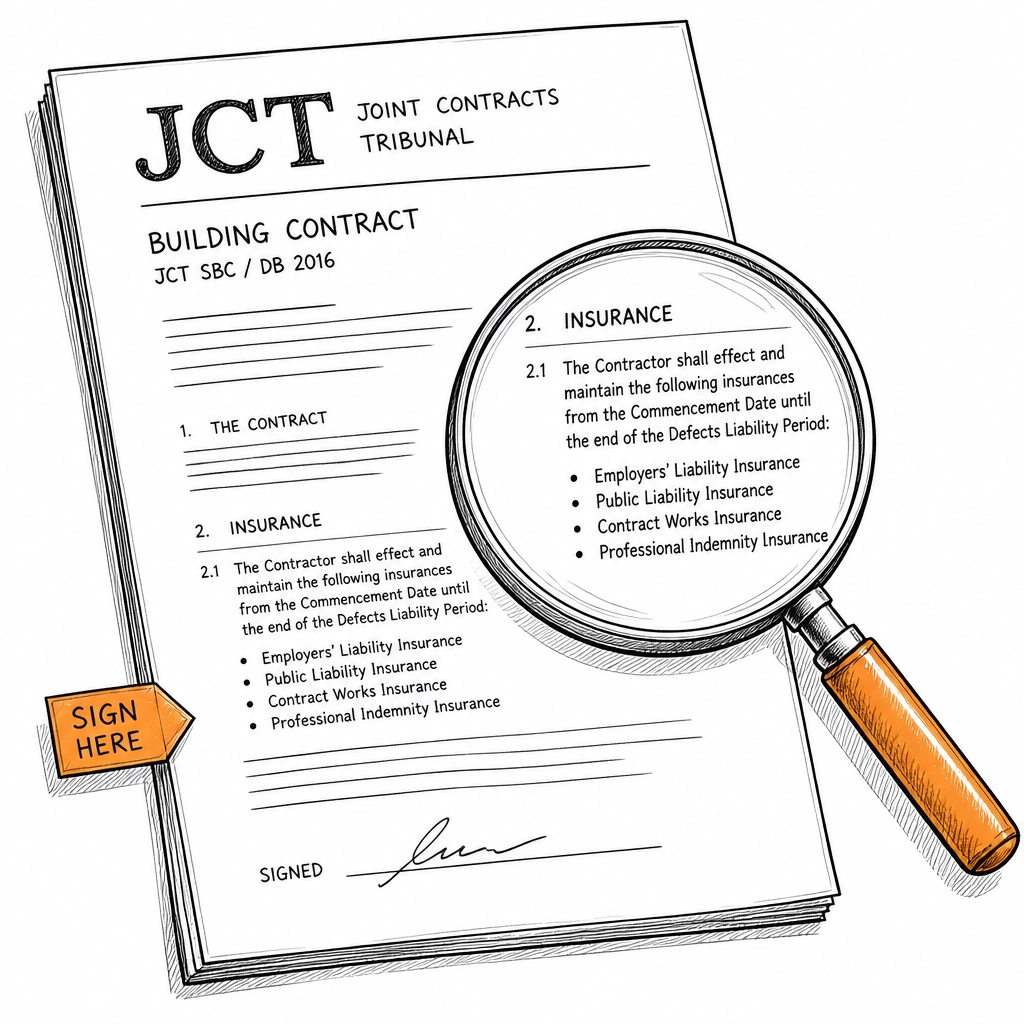 A legal contract with a magnifying glass representing insurance clauses