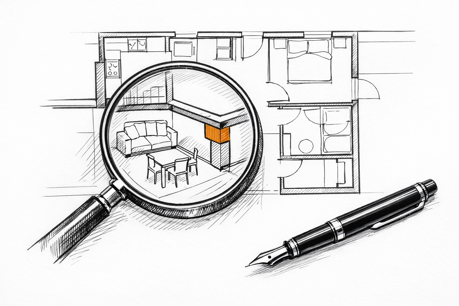 Sketch of a magnifying glass over a floor plan representing accurate estate agent valuations and professional indemnity.