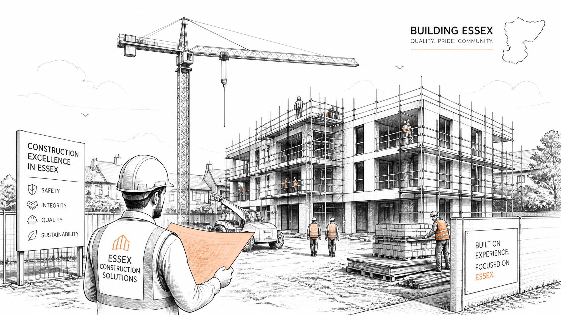 Professional construction site in Essex with a crane and scaffolding in a minimalist sketch style