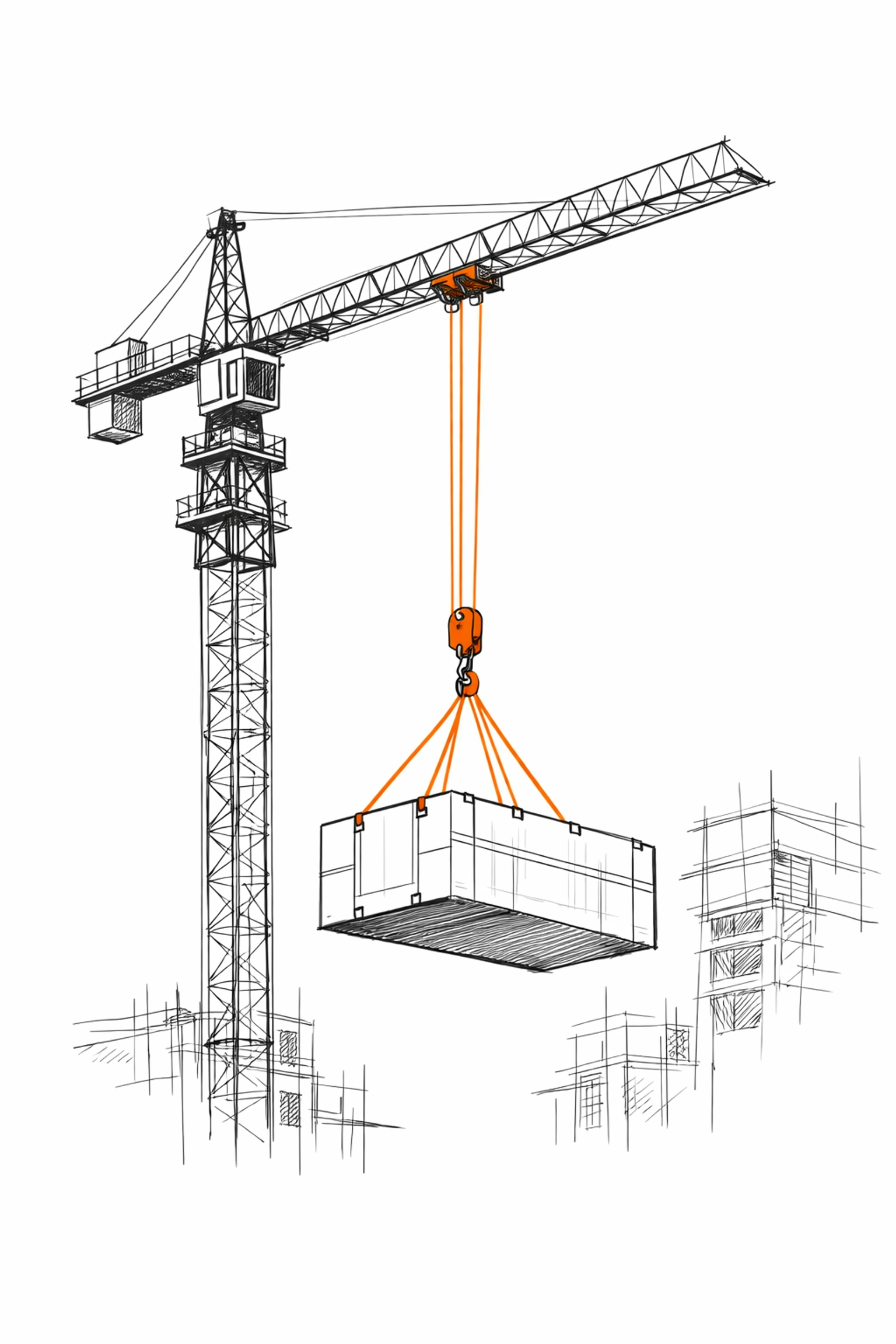 Sketch of a construction crane lifting a block, representing high-rise project risks and insurance coverage needs.