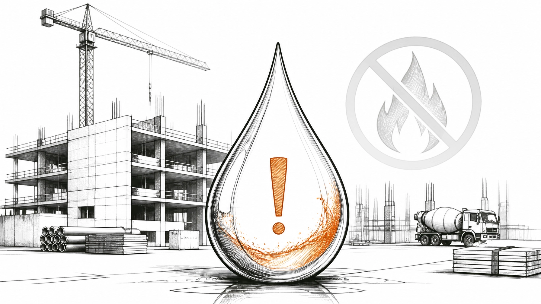 A minimalist sketch of a construction site where a large, stylized water droplet is more imposing than a small fire icon.