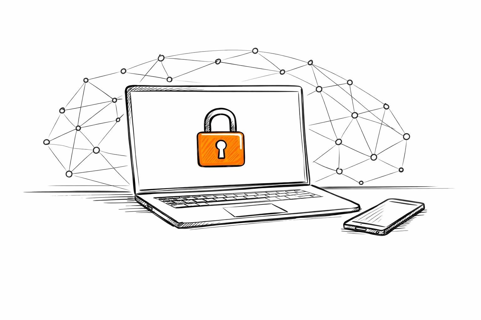 Digital devices with a padlock icon representing cyber security insurance for small businesses.