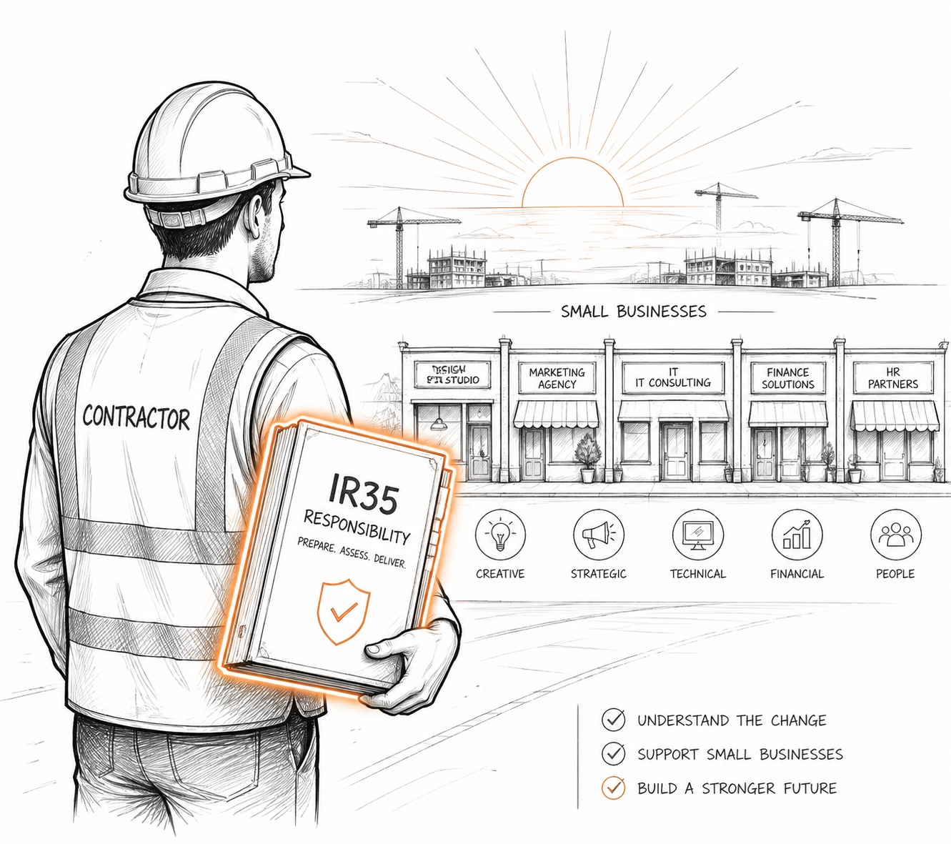 Sketch of a construction contractor managing IR35 compliance responsibility for small businesses.
