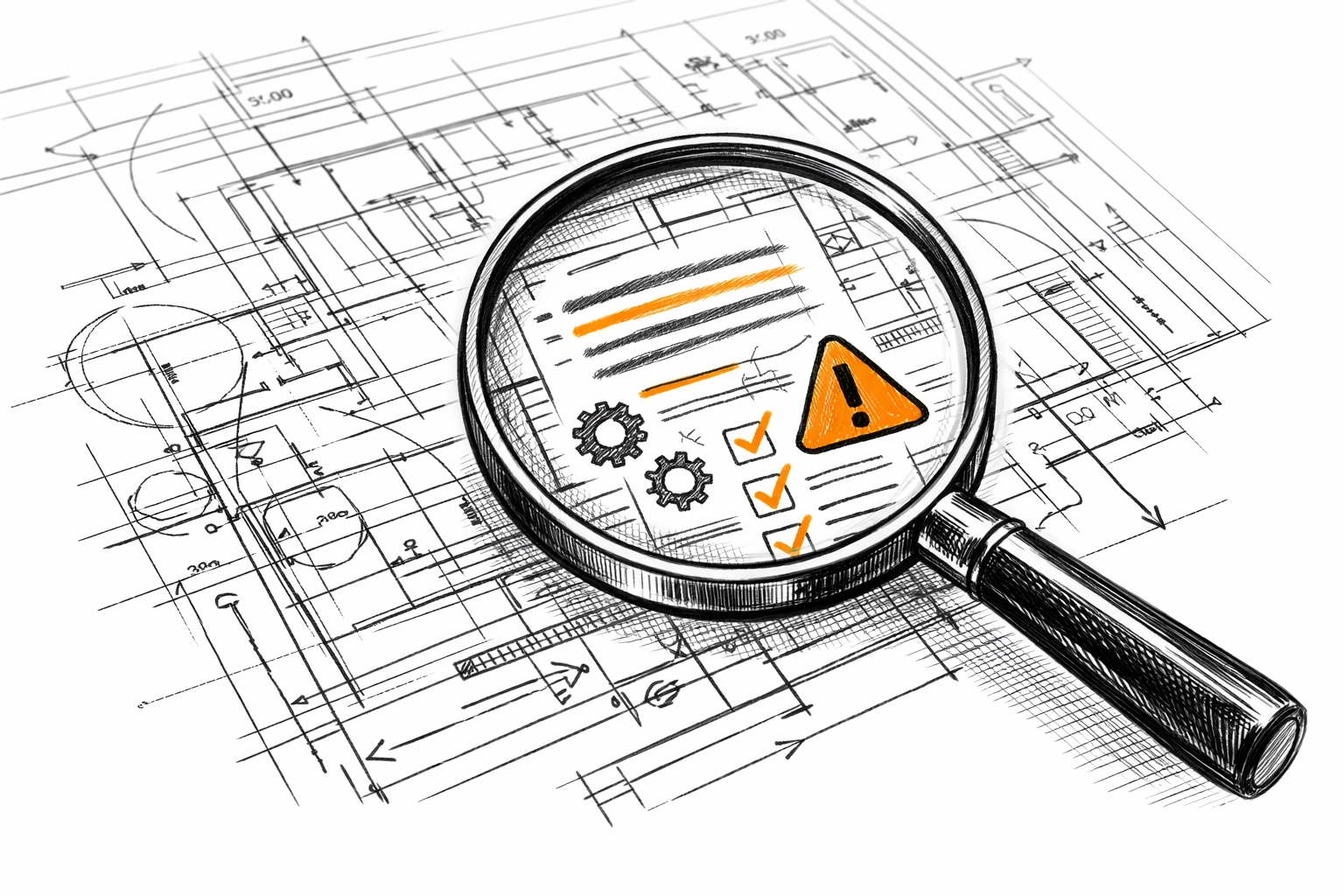 Magnifying glass over blueprints representing a broker review of hidden clauses in contractor insurance.