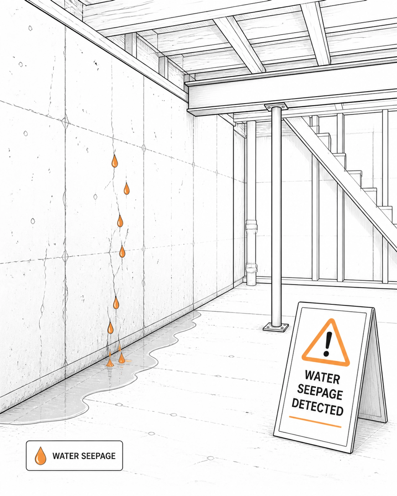 A basement construction site with water seeping through