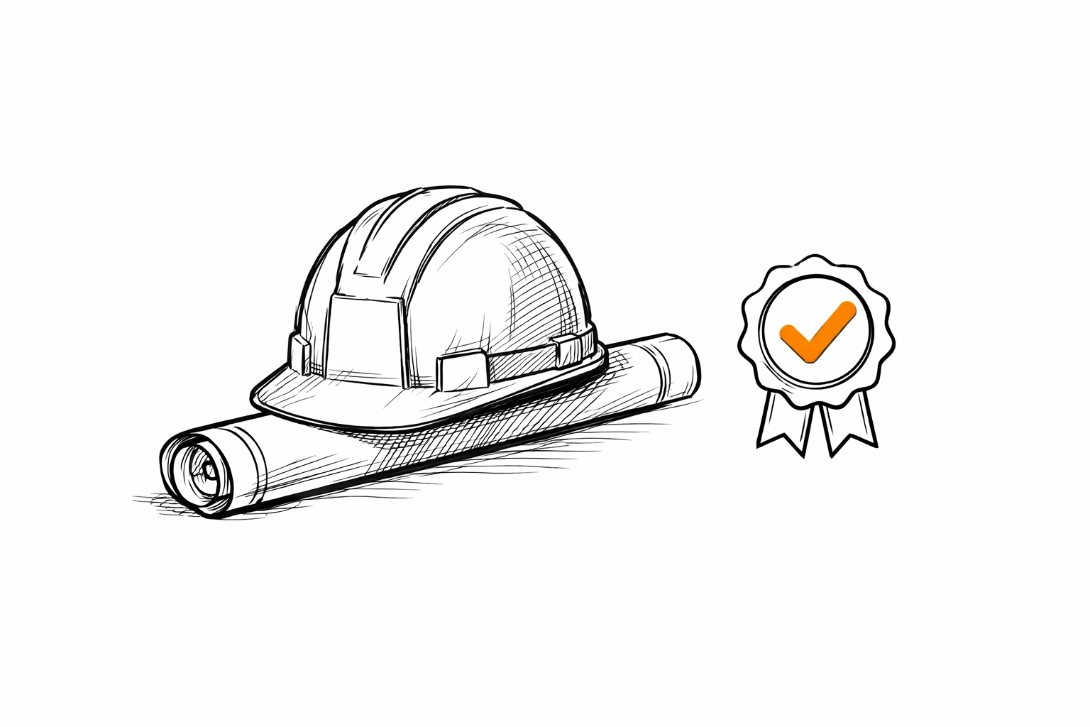 Sketch of a hard hat and certified blueprint representing contractor competency for liability insurance.