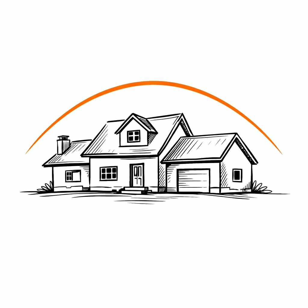 A house silhouette with a protective orange curve representing professional indemnity for estate agents.