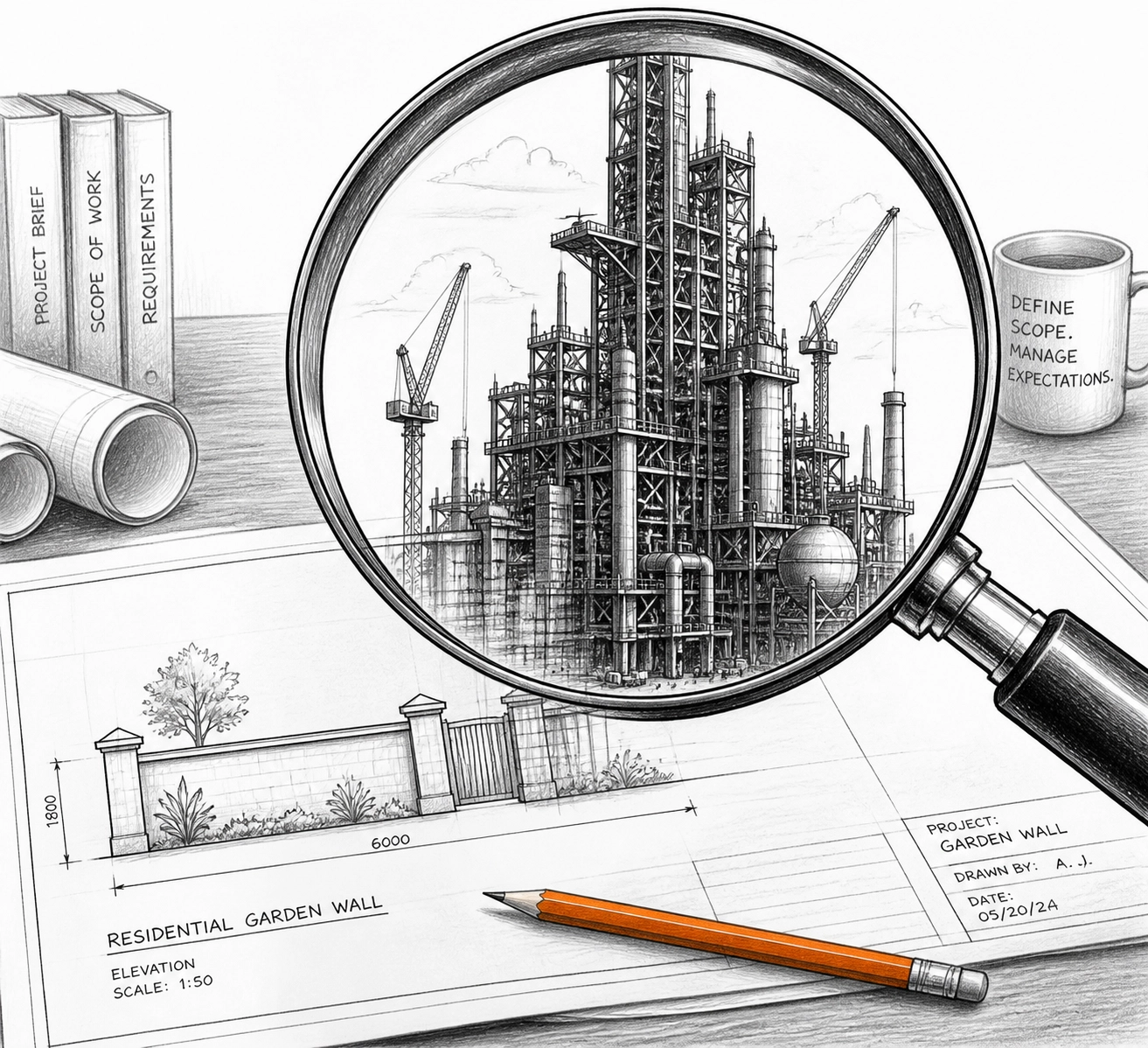 Sketch of blueprints and magnifying glass illustrating the need for accurate contractor liability insurance descriptions.