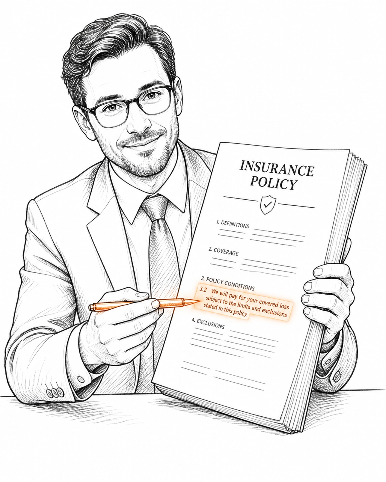A broker pointing to a specific insurance clause in a document