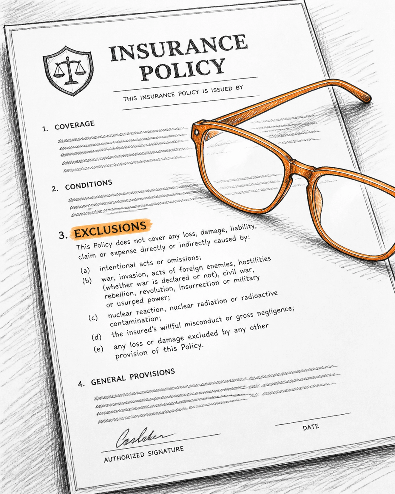 A legal document with 'EXCLUSIONS' highlighted