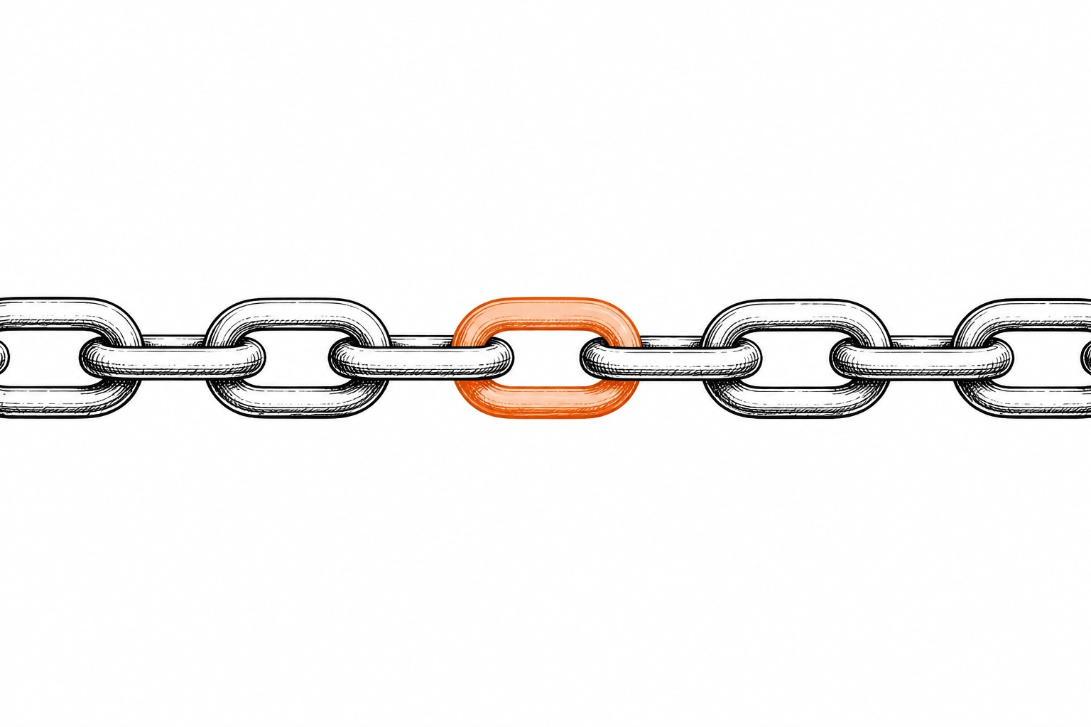 Steel chain sketch with a highlighted orange link representing sub-contractor liability risk.