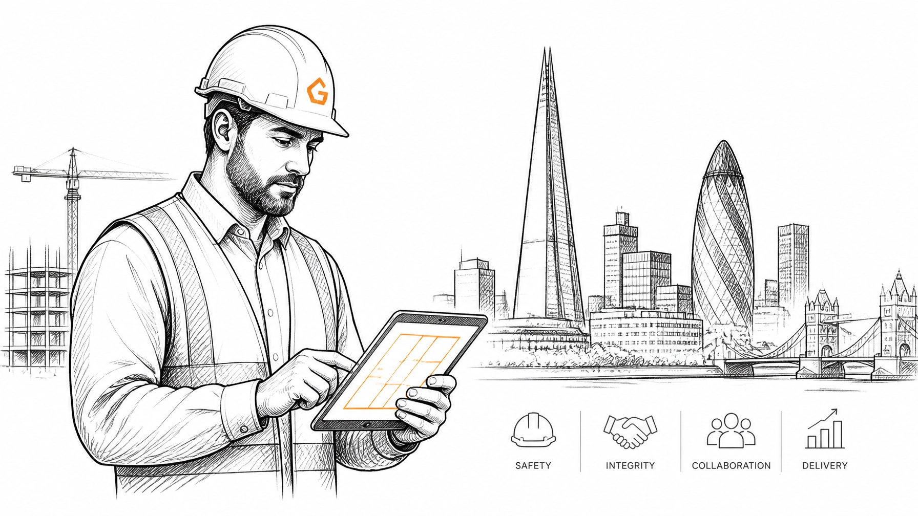A general contractor viewing a digital tablet with the London skyline in the background