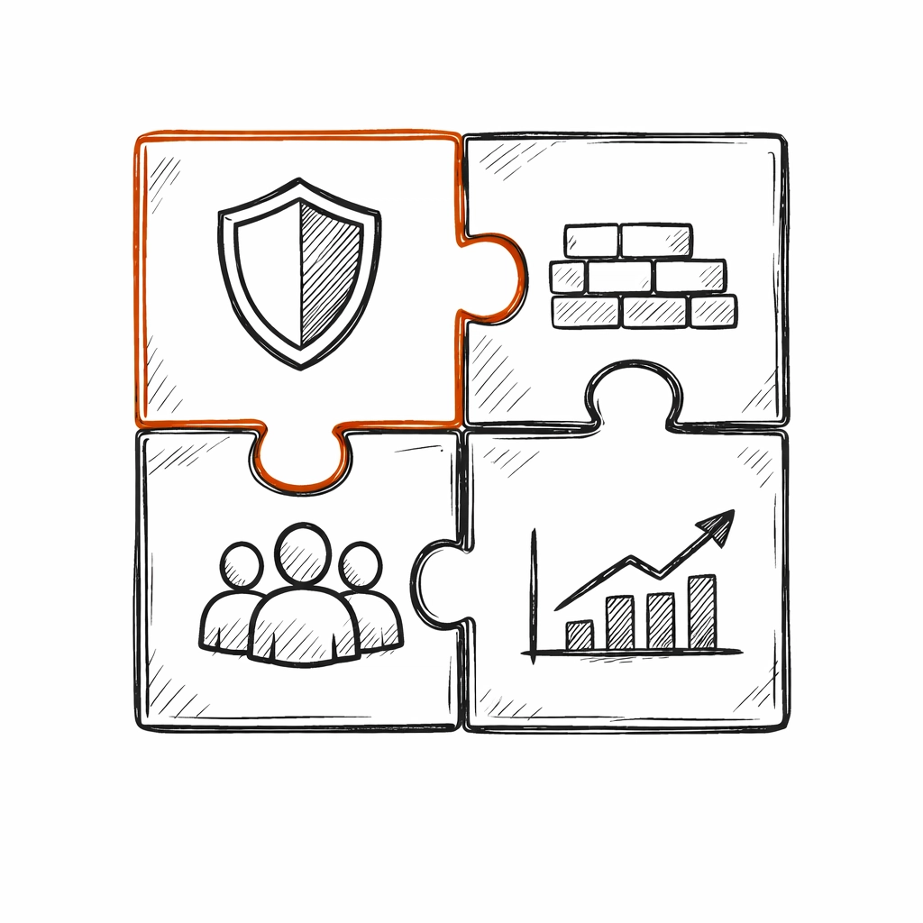 Interlocking puzzle pieces with icons for liability and property damage in a combined commercial insurance policy.