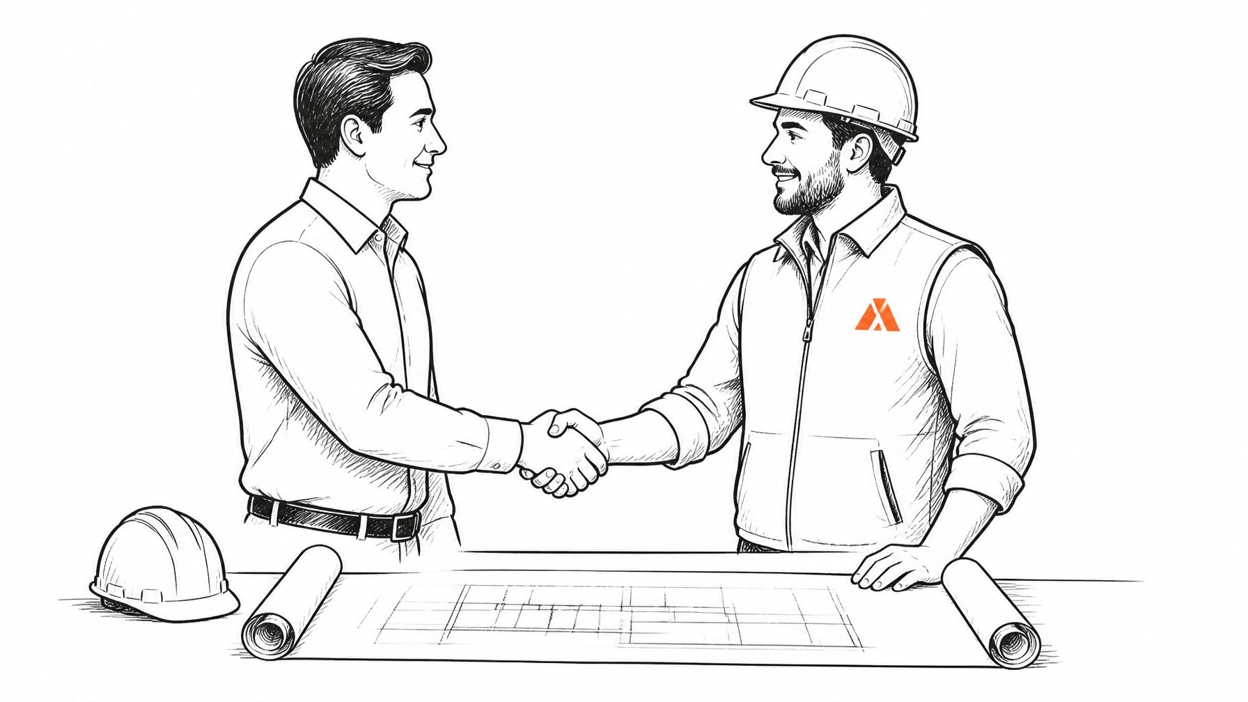 A sketch of two professionals shaking hands over a construction blueprint.