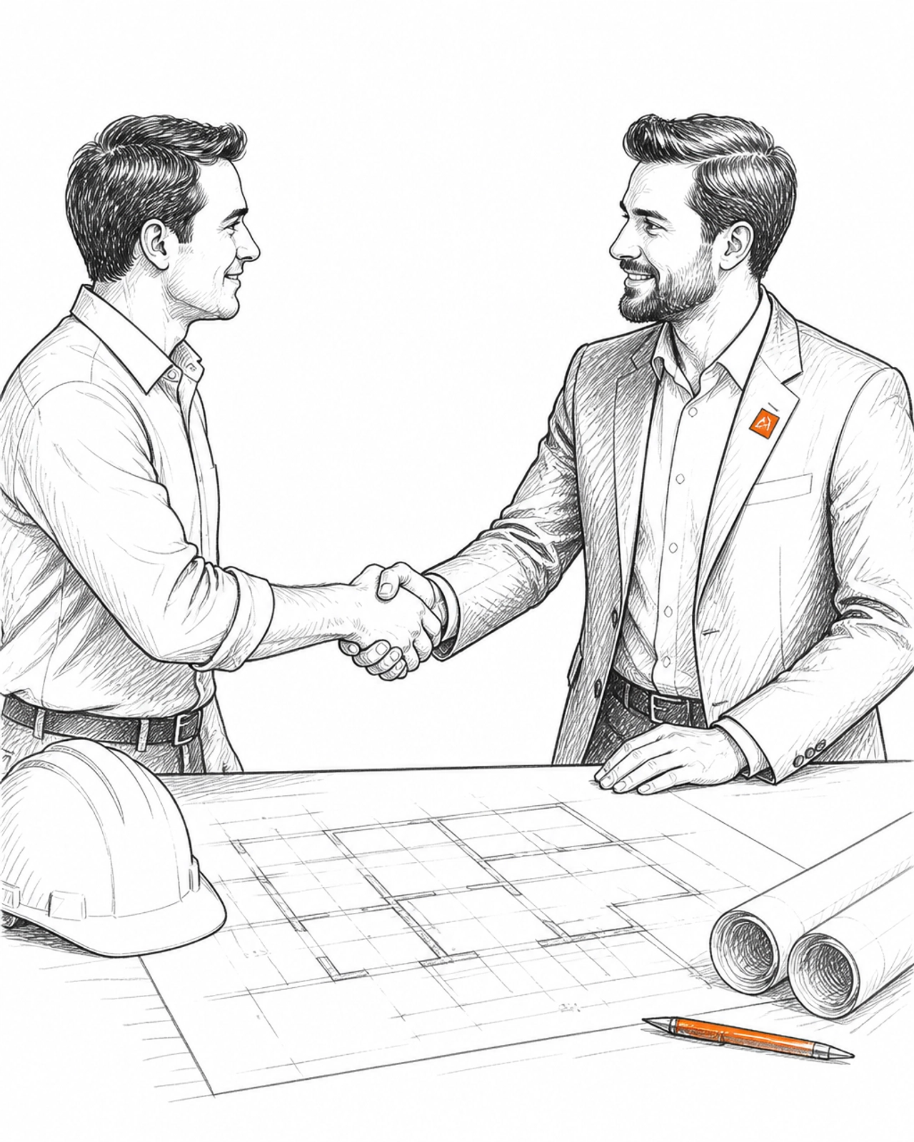 Two people shaking hands over blueprints