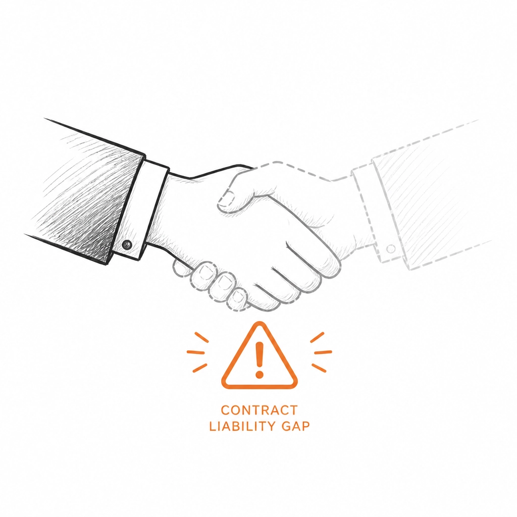 Two hands shaking with an orange warning icon indicating a liability gap