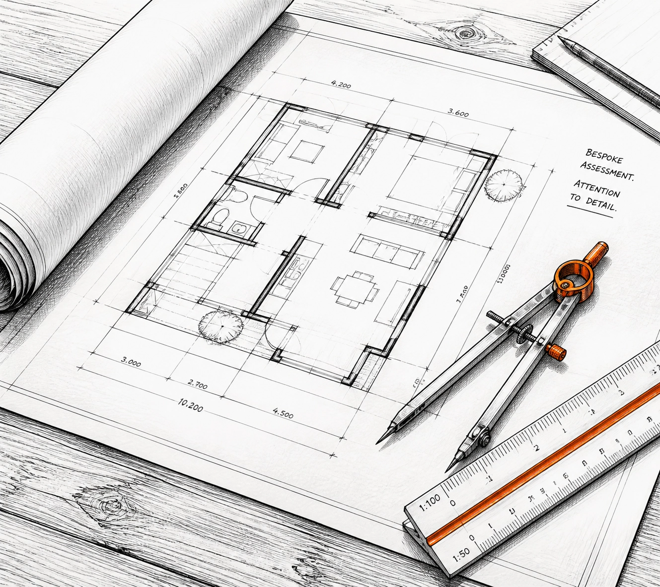 Minimalist sketch of blueprints and tools for bespoke construction contractor insurance assessment.