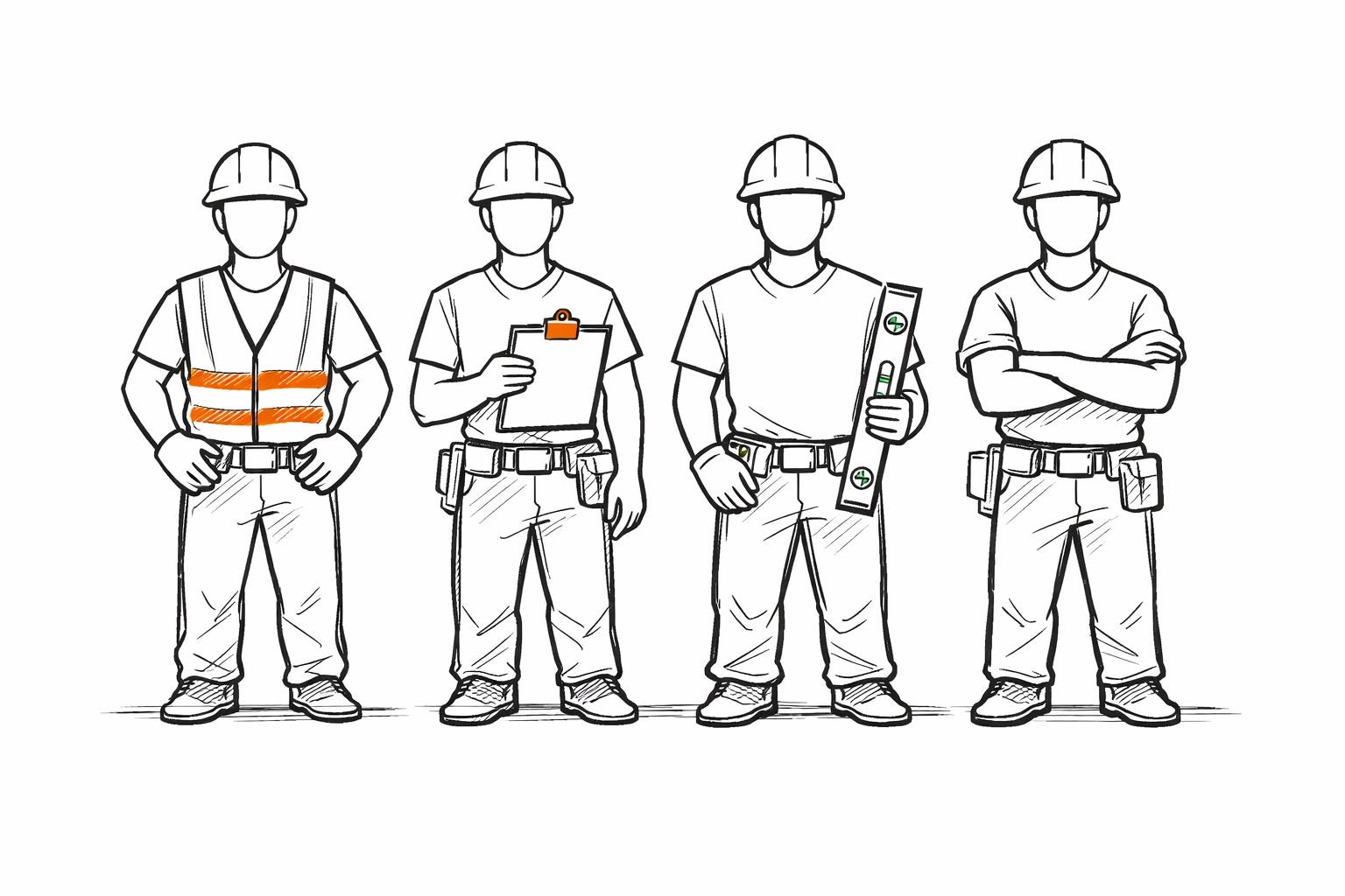Sketch of diverse construction workers illustrating proper employee and subcontractor classification for insurance.