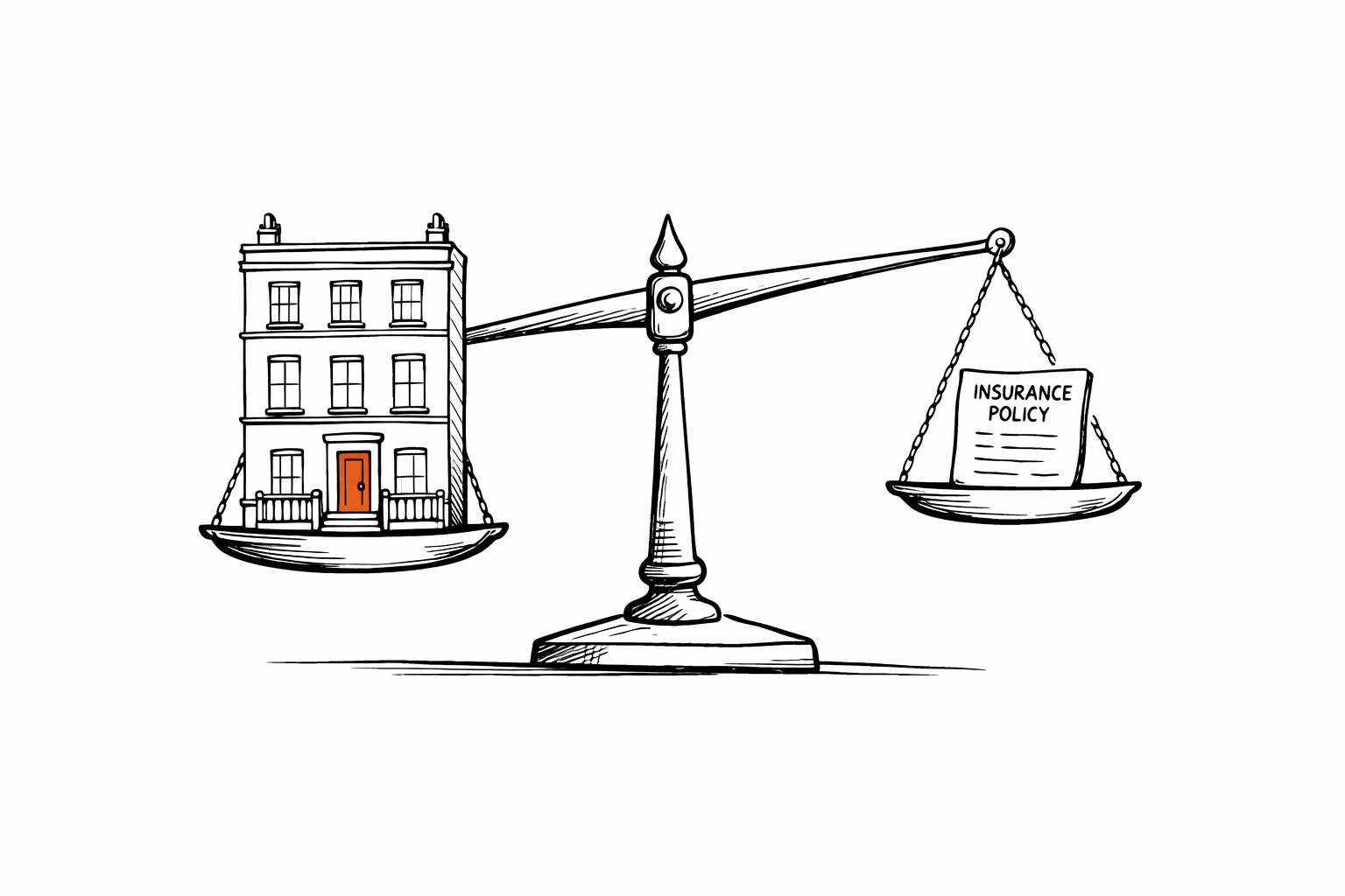 Sketch of a London building on a scale outweighing a policy, illustrating underinsurance in Business Insurance London.