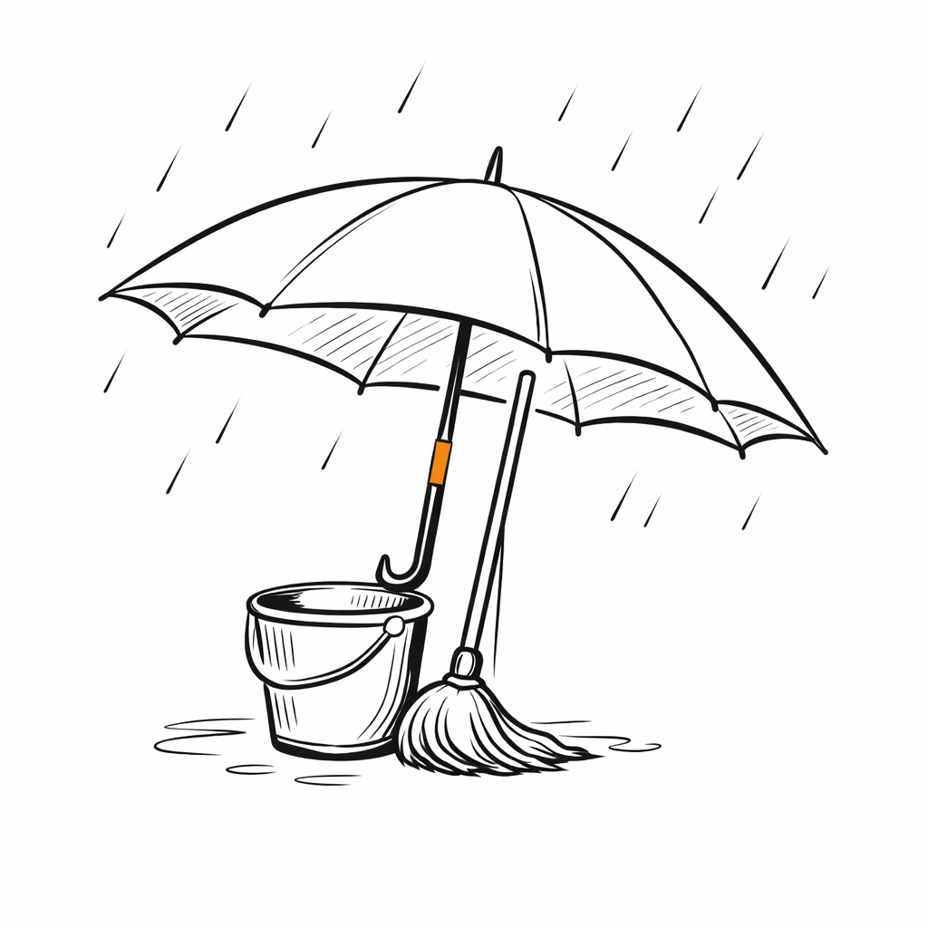 A protective umbrella over cleaning equipment symbolizing reliable cleaning business insurance coverage.