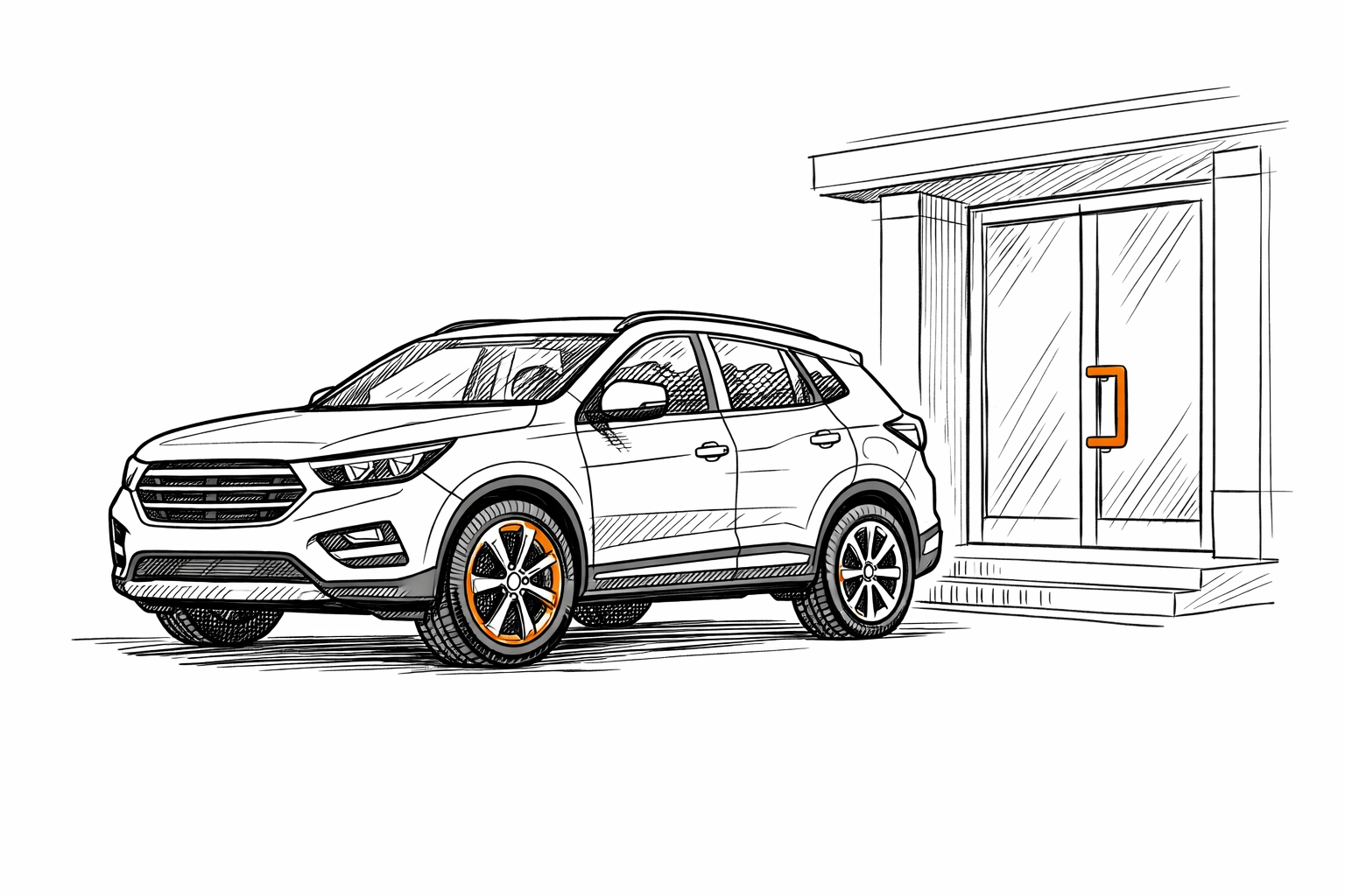 Sketch of a business vehicle at a London office representing business motor insurance compliance.