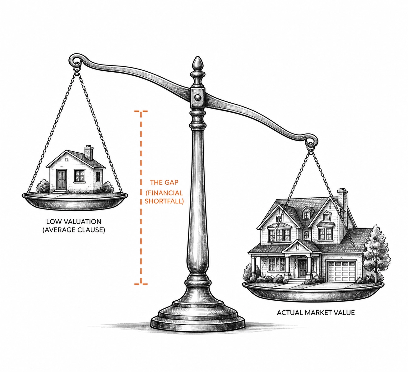 Scale showing the valuation gap in general contractor liability insurance due to the average clause.