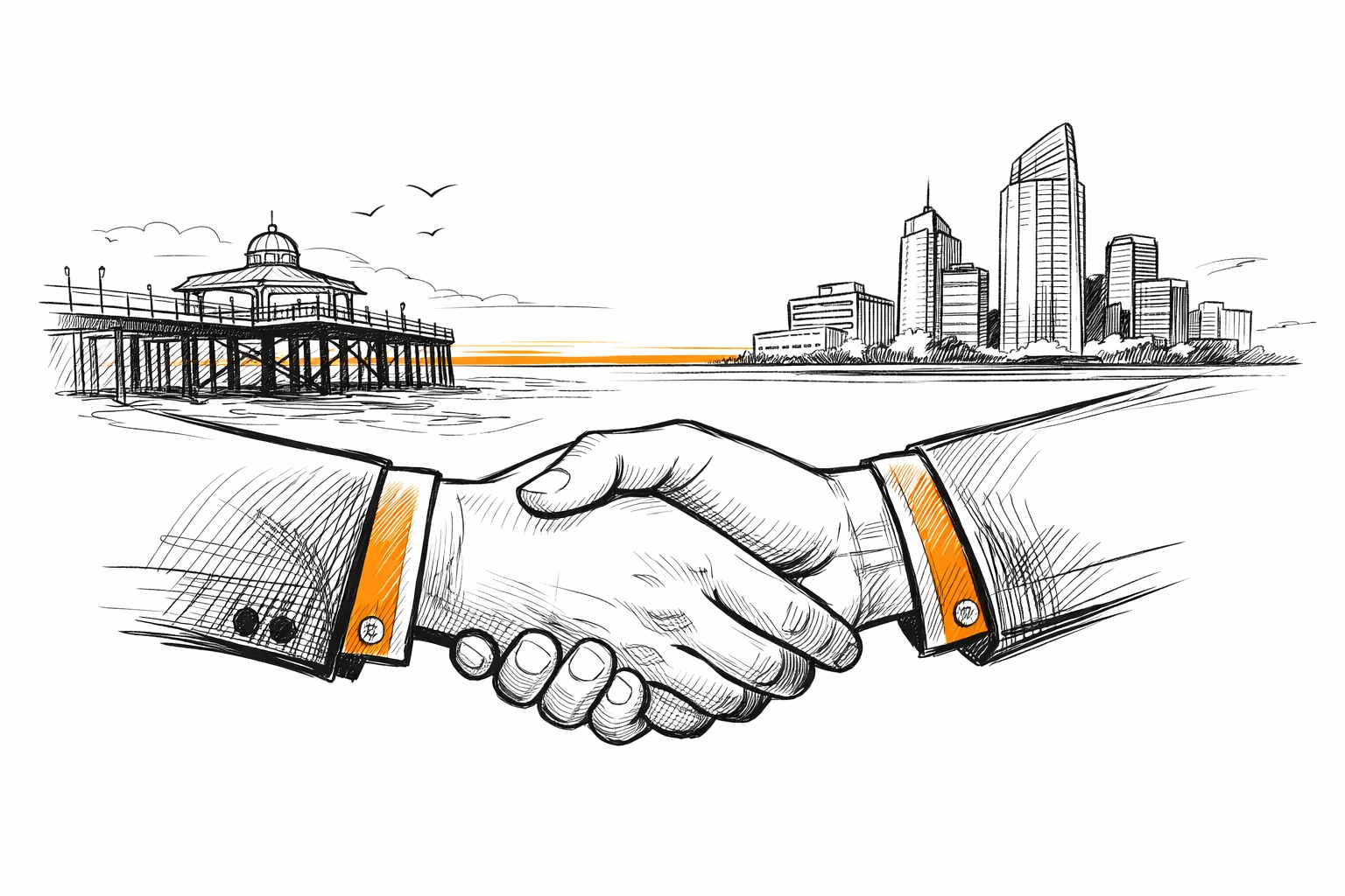 Essex skyline and a handshake representing a trusted local business insurance brokerage partner.