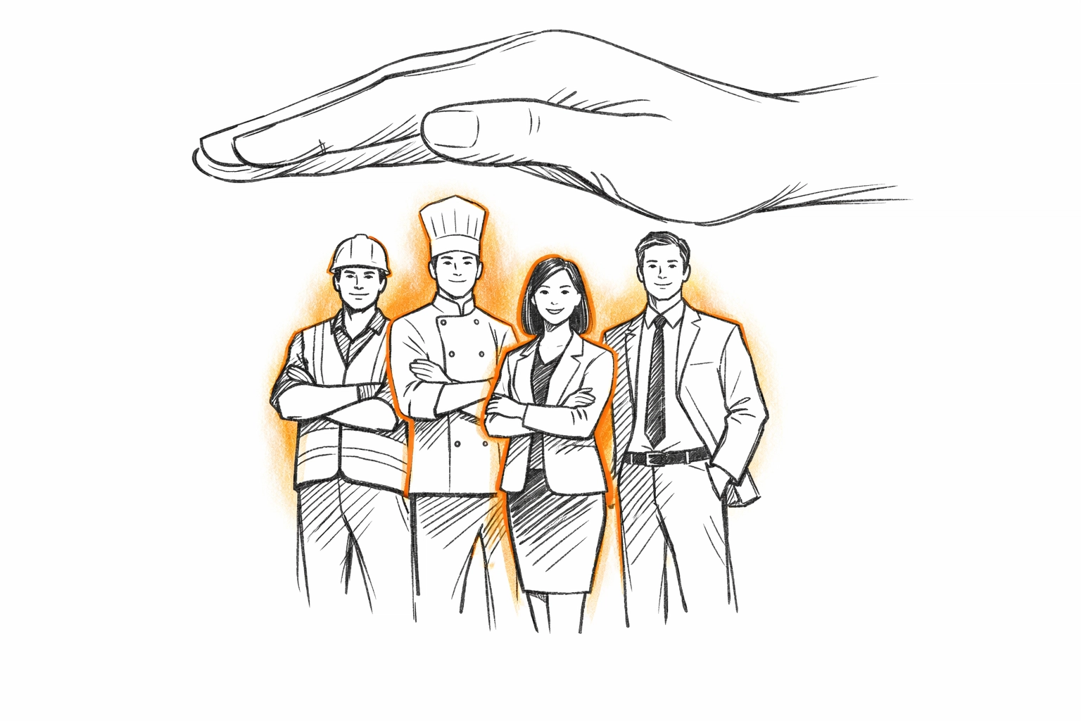 Sketch of diverse employees protected by employers liability insurance for Essex businesses.