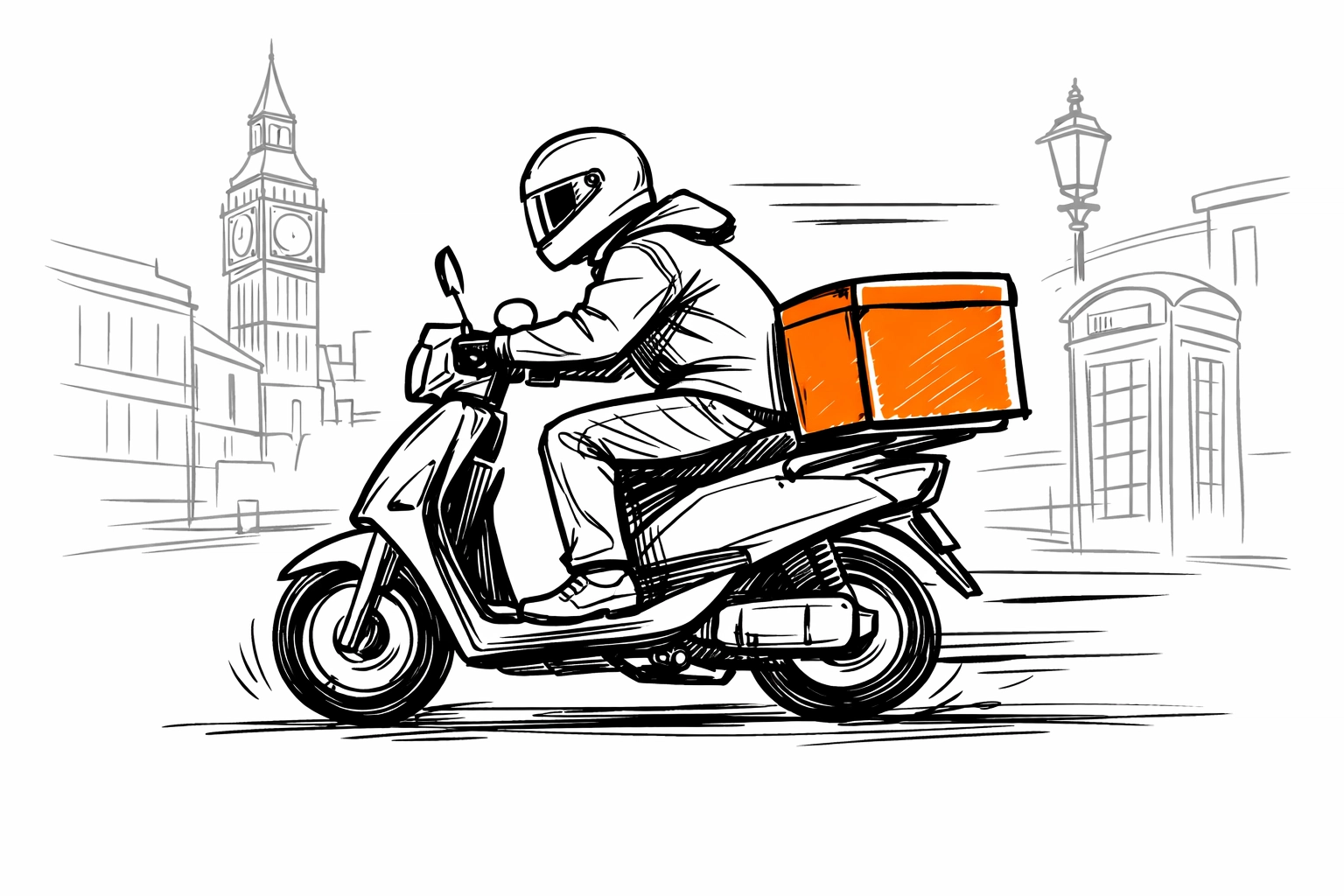 Sketch of a takeaway delivery bike in London highlighting the importance of specialized delivery driver insurance cover.
