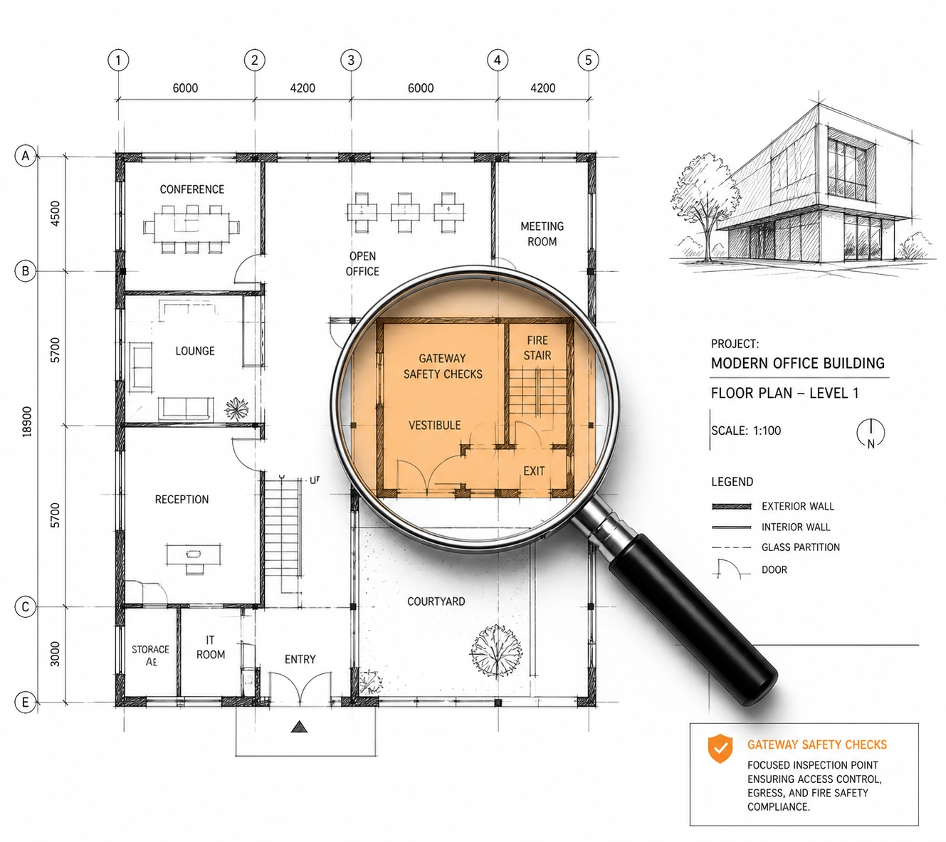 Sketch of a building blueprint with a magnifying glass highlighting safety inspection checks.