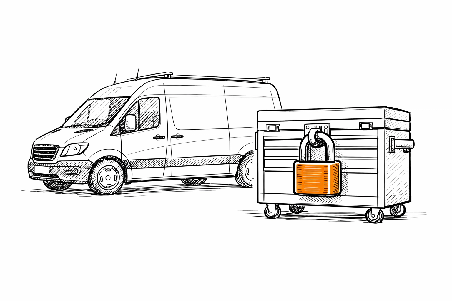 Illustration of a contractor van and locked tool chest showing tool security and business insurance protection.