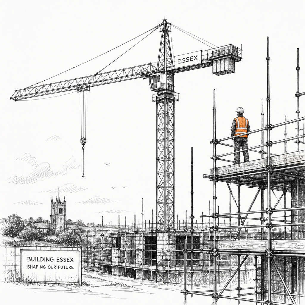 A sketch of construction equipment and scaffolding in Essex