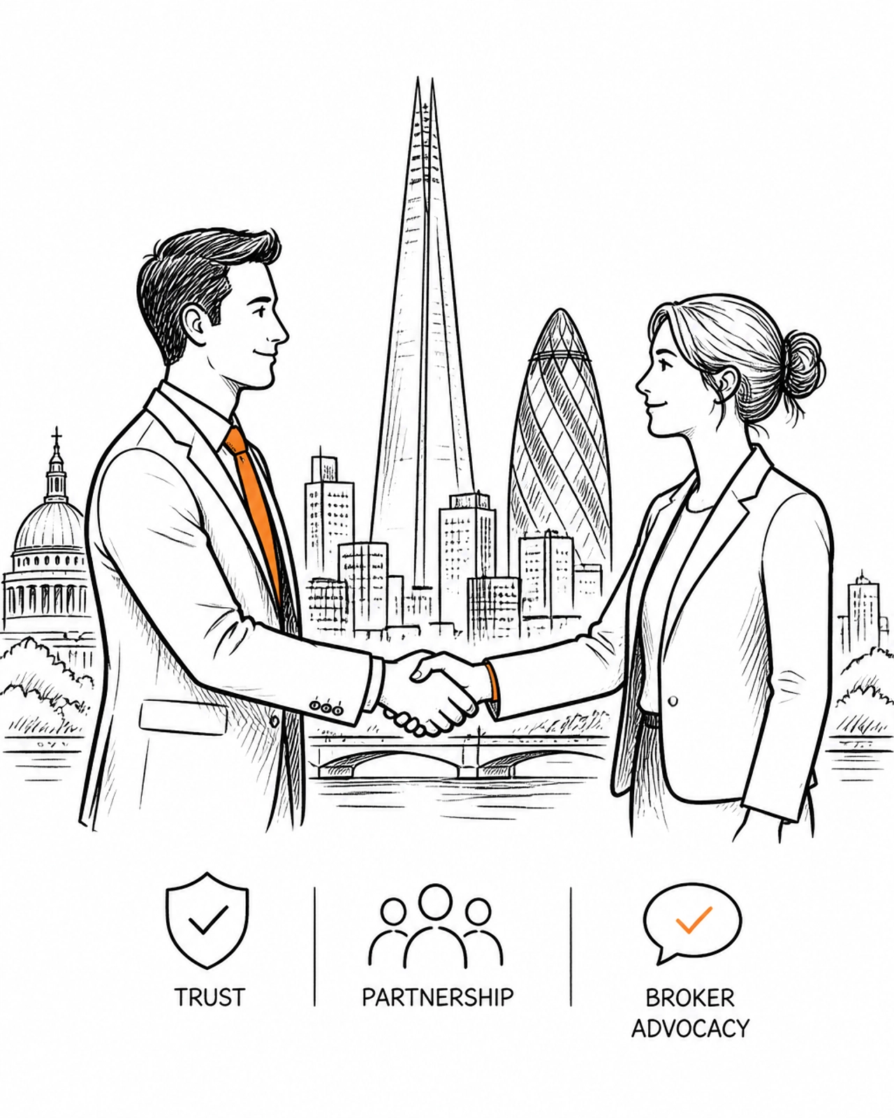 Two professionals shaking hands in front of the London skyline