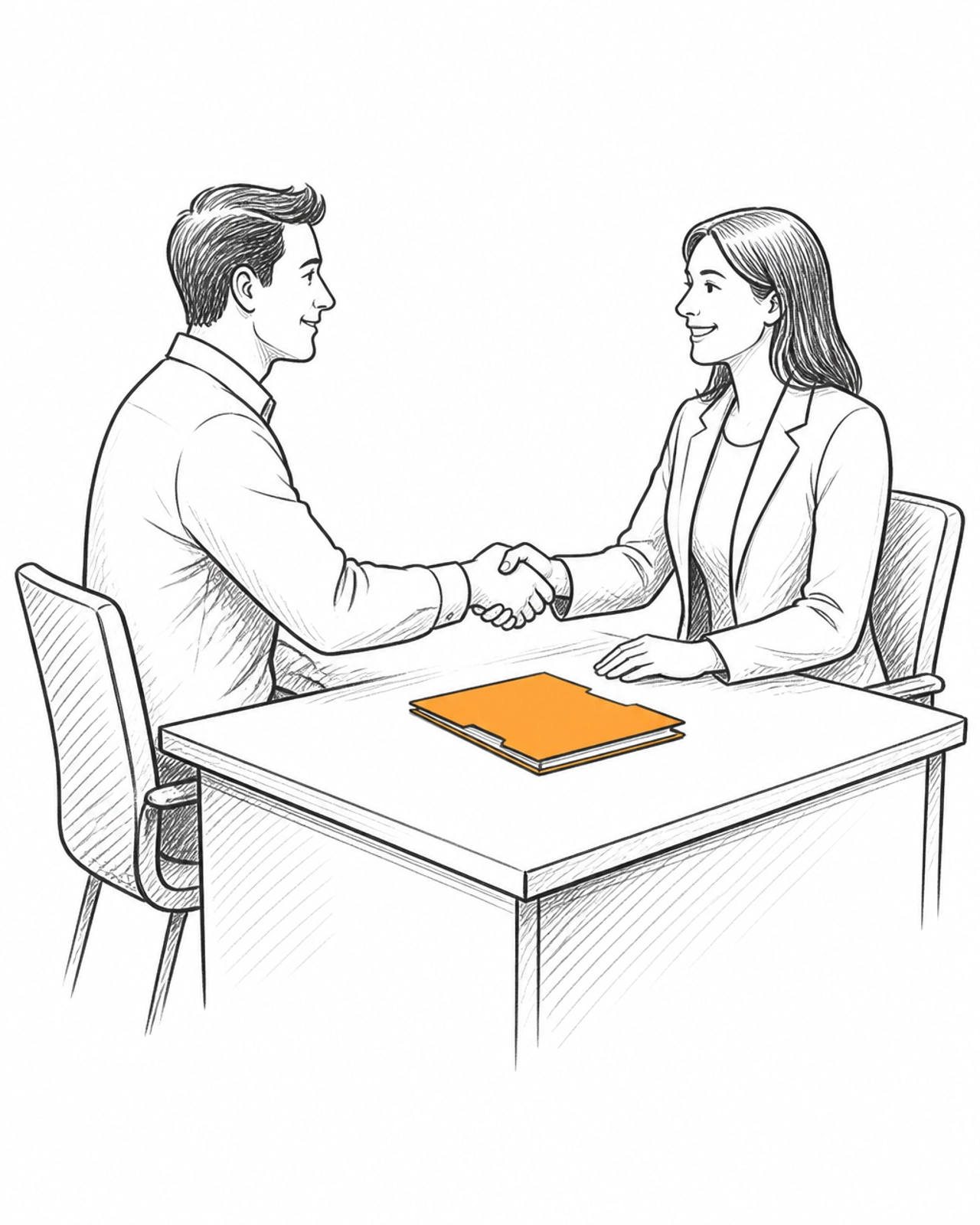 A sketch of a friendly meeting between a broker and a client, representing Moyak's personal approach.